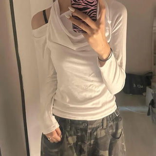 Ribbon Halter Neck Drape Slim Fit Long Sleeve T-shirt