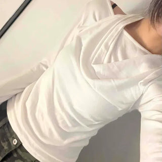 Ribbon Halter Neck Drape Slim Fit Long Sleeve T-shirt