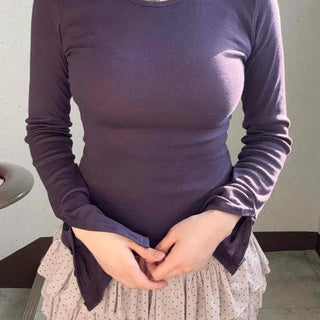 Round Neck Long Sleeve T-shirt with Button Details on Both Sleeves