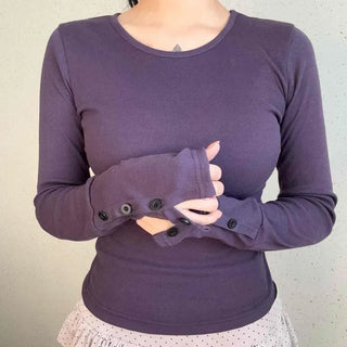Round Neck Long Sleeve T-shirt with Button Details on Both Sleeves