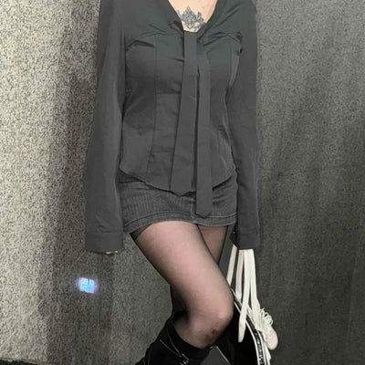 V-neck Tie Slim Fit Blouse