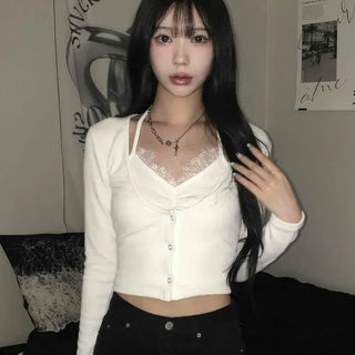 Lace Ribbon Halter Neck Slim Fit Knit Cardigan Long Sleeve T-shirt