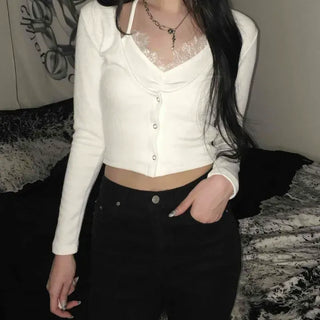 Lace Ribbon Halter Neck Slim Fit Knit Cardigan Long Sleeve T-shirt
