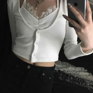 Lace Ribbon Halter Neck Slim Fit Knit Cardigan Long Sleeve T-shirt