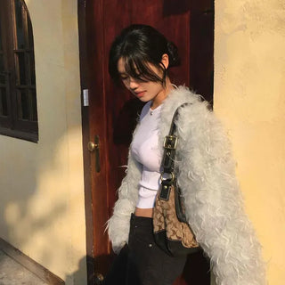 Loose-fit Round Neck Hook Short Fur Cardigan