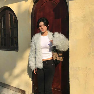 Loose-fit Round Neck Hook Short Fur Cardigan