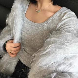 Loose-fit Round Neck Hook Short Fur Cardigan