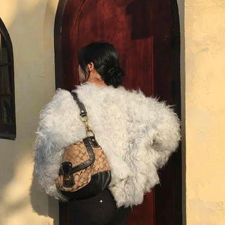 Loose-fit Round Neck Hook Short Fur Cardigan