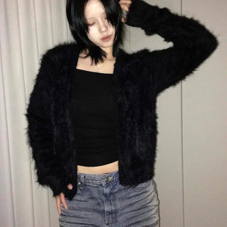 Hairy Round Neck Short Knit Cardigan