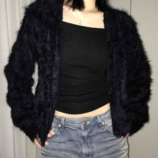 Hairy Round Neck Short Knit Cardigan