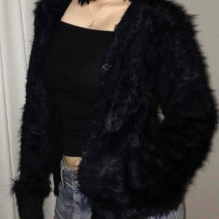 Hairy Round Neck Short Knit Cardigan