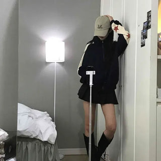 Shoulder Star Color Block Loose Fit High Neck Zip-Up