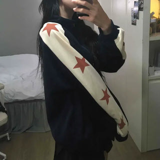 Shoulder Star Color Block Loose Fit High Neck Zip-Up