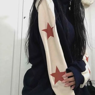 Shoulder Star Color Block Loose Fit High Neck Zip-Up