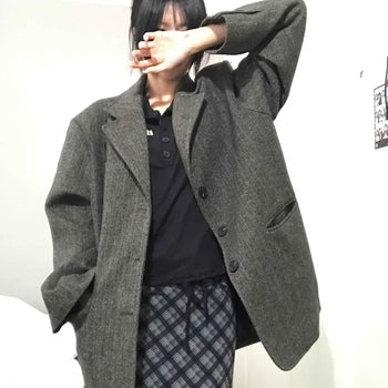Loose-fit Herringbone Notched Lapel Button Semi-Long Jacket