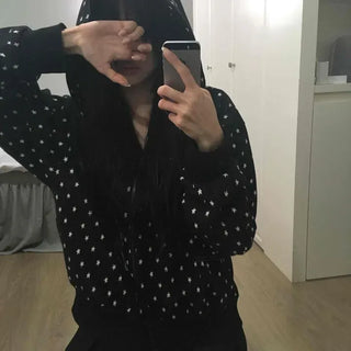 Oversized Number Applique Star Pattern Zip-Up Hoodie