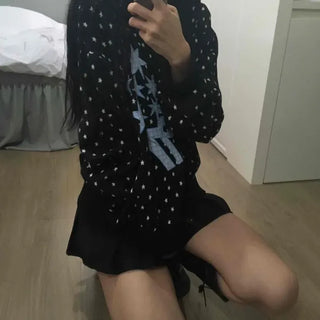 Oversized Number Applique Star Pattern Zip-Up Hoodie