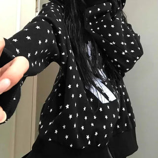 Oversized Number Applique Star Pattern Zip-Up Hoodie