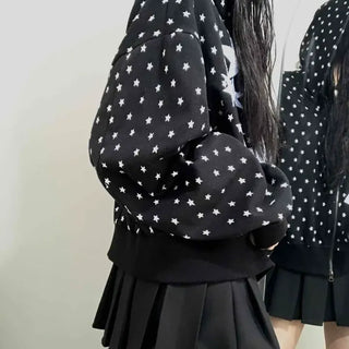 Oversized Number Applique Star Pattern Zip-Up Hoodie