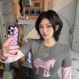 Fairy Unicorn Print Two-Tone Sleeve Round Long Sleeve Tee