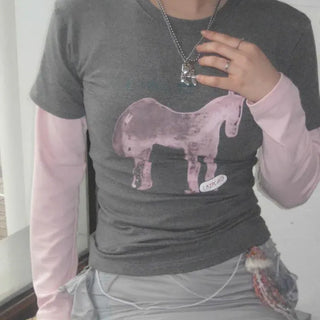 Fairy Unicorn Print Two-Tone Sleeve Round Long Sleeve Tee