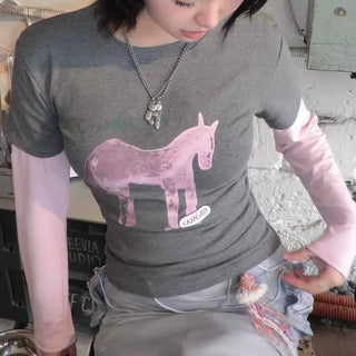 Fairy Unicorn Print Two-Tone Sleeve Round Long Sleeve Tee
