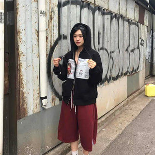 Loose Fit ID Card License Print Crop Length Zip-Up Hoodie