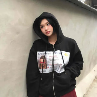 Loose Fit ID Card License Print Crop Length Zip-Up Hoodie
