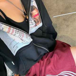 Loose Fit ID Card License Print Crop Length Zip-Up Hoodie