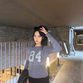 Simple Lettering 84 Slim Fit Crew Neck Long Sleeve T-shirt