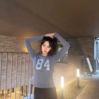 Simple Lettering 84 Slim Fit Crew Neck Long Sleeve T-shirt