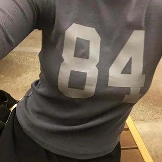 Simple Lettering 84 Slim Fit Crew Neck Long Sleeve T-shirt