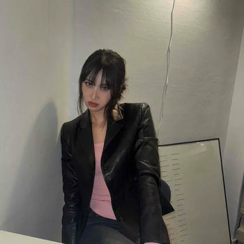 Single Button Notch Collar Slim Fit Leather Jacket