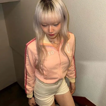 Shoulder line color block cropped sporty zip-up