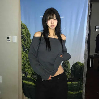 Loose Fit Plain Off-Shoulder Round Neck Long Sleeve Knit
