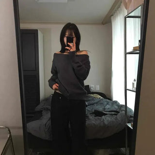 Loose Fit Plain Off-Shoulder Round Neck Long Sleeve Knit