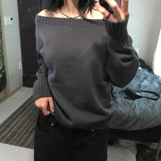 Loose Fit Plain Off-Shoulder Round Neck Long Sleeve Knit