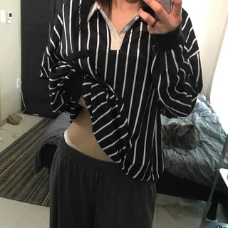 Loose-fit Striped Contrast Button Collar Long-sleeve Sweatshirt