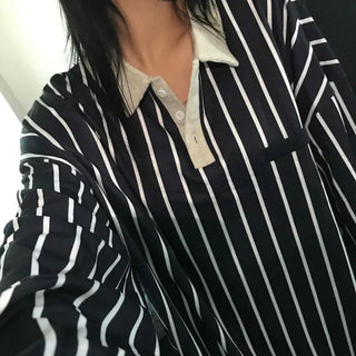 Loose-fit Striped Contrast Button Collar Long-sleeve Sweatshirt
