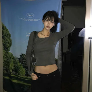 Slim Fit Plain Square Neck Short Long Sleeve T-Shirt