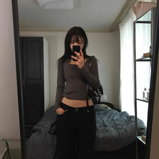Slim Fit Plain Square Neck Short Long Sleeve T-Shirt