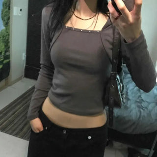 Slim Fit Plain Square Neck Short Long Sleeve T-Shirt