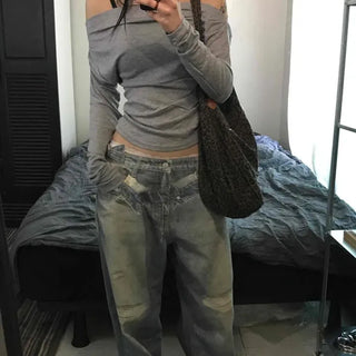 Slim Fit Plain Shirred Off-Shoulder Long Sleeve T-Shirt