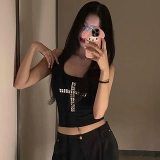 Slim Fit Plain Studded U-Neck Sleeveless T-Shirt