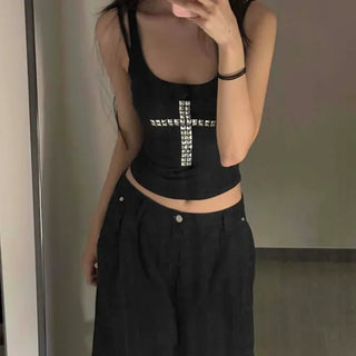Slim Fit Plain Studded U-Neck Sleeveless T-Shirt