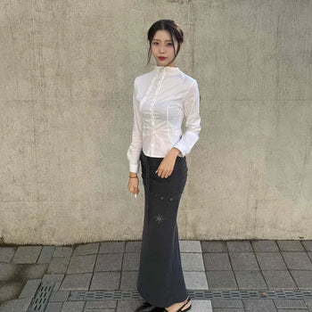 Loose-fit String Eyelet Punched Slit H-line Long Skirt