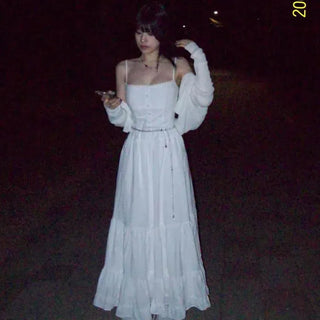 Shirred Frill Strap Square Neck Sleeveless Tiered Long Dress