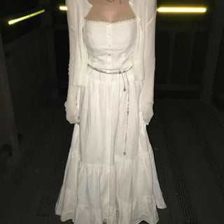 Shirred Frill Strap Square Neck Sleeveless Tiered Long Dress