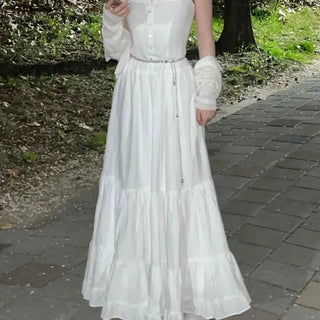 Shirred Frill Strap Square Neck Sleeveless Tiered Long Dress