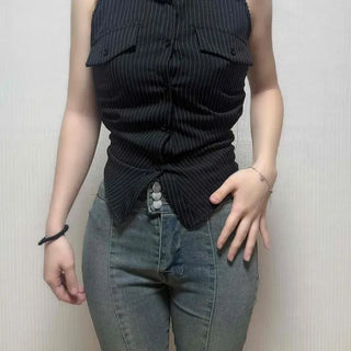 Slim Fit Striped Button Flap Pocket Collar Sleeveless Blouse